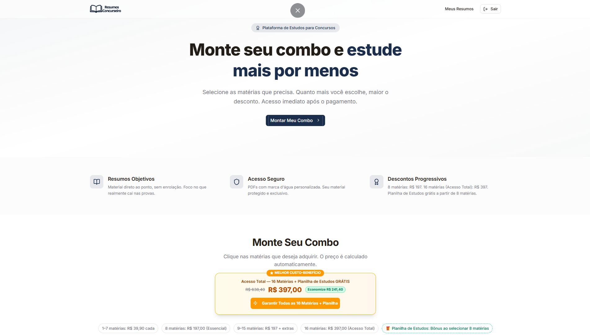Plataforma de estudos Resumos Concurseiro